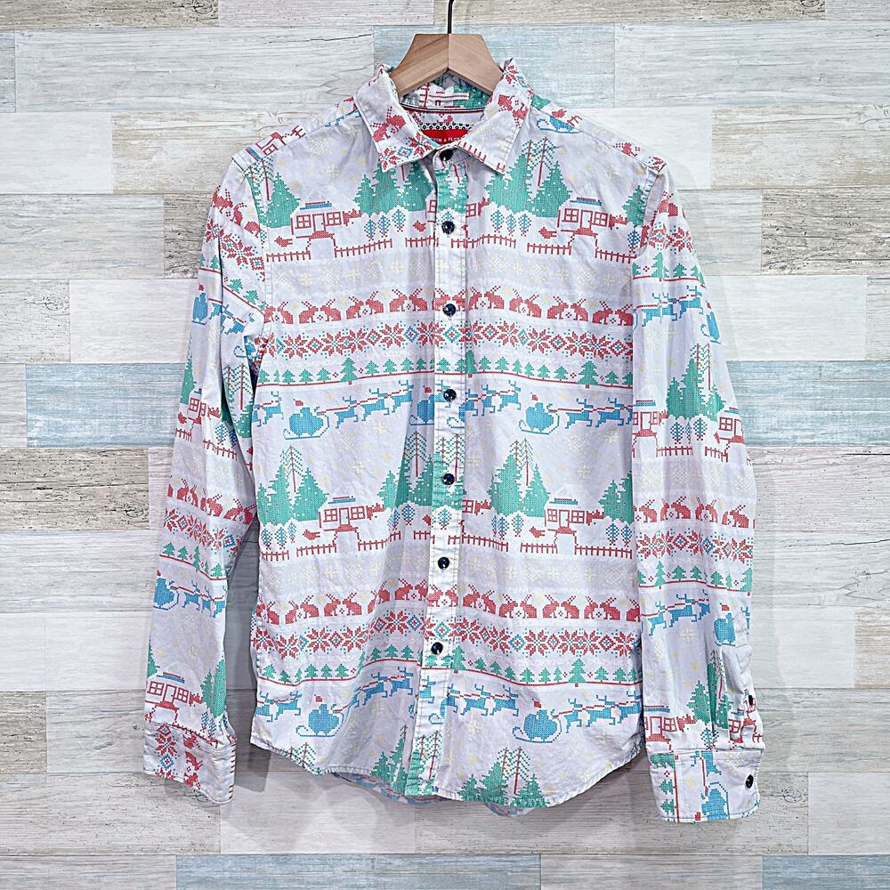 Denim & Flower Pixeled Fair Isle Christmas Shirt Gray Cotton Mens Medium